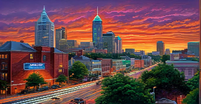 A panoramic view of downtown Atlanta at sunset with a modern skyline and historic buildings.