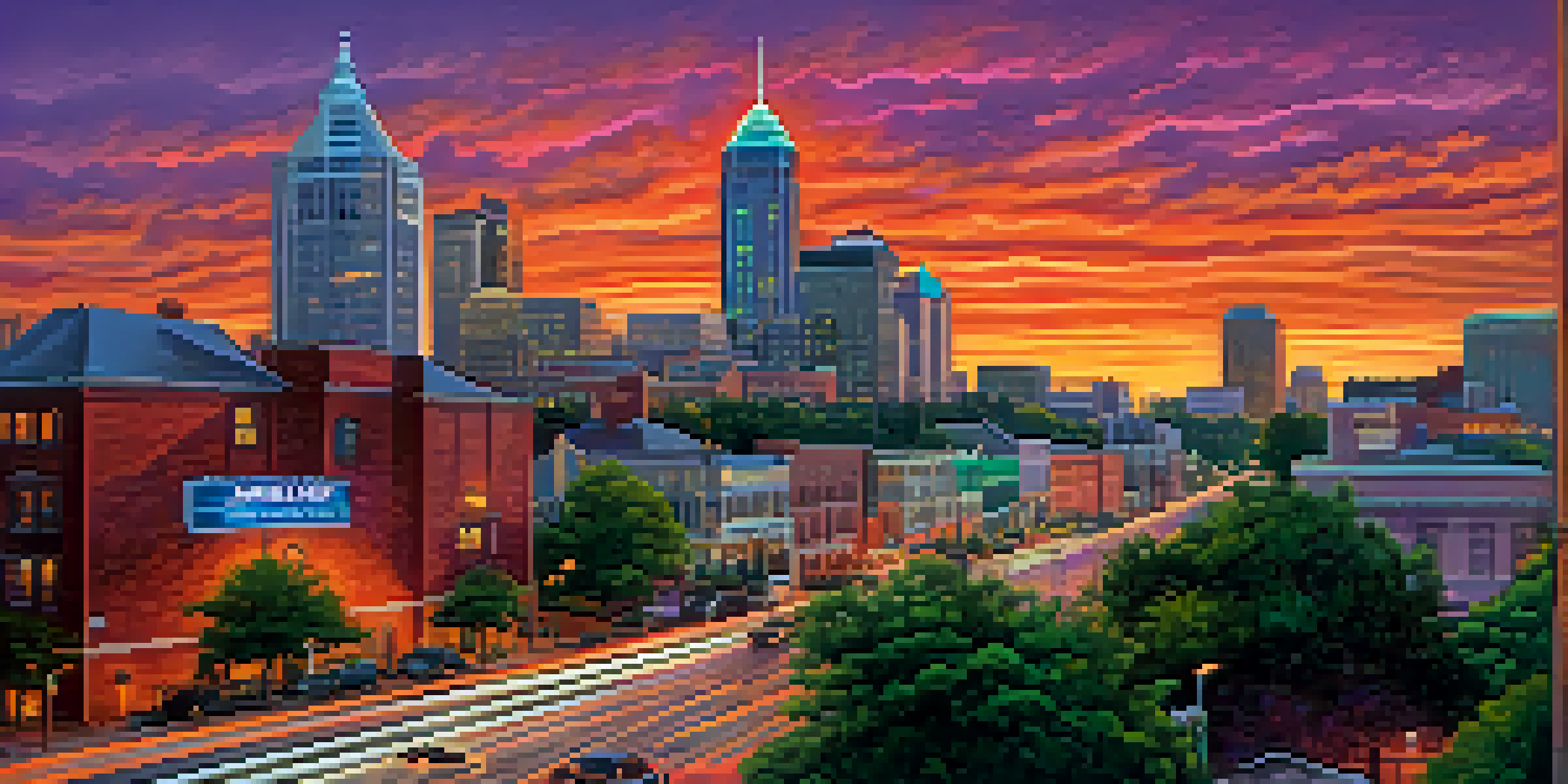 A panoramic view of downtown Atlanta at sunset with a modern skyline and historic buildings.
