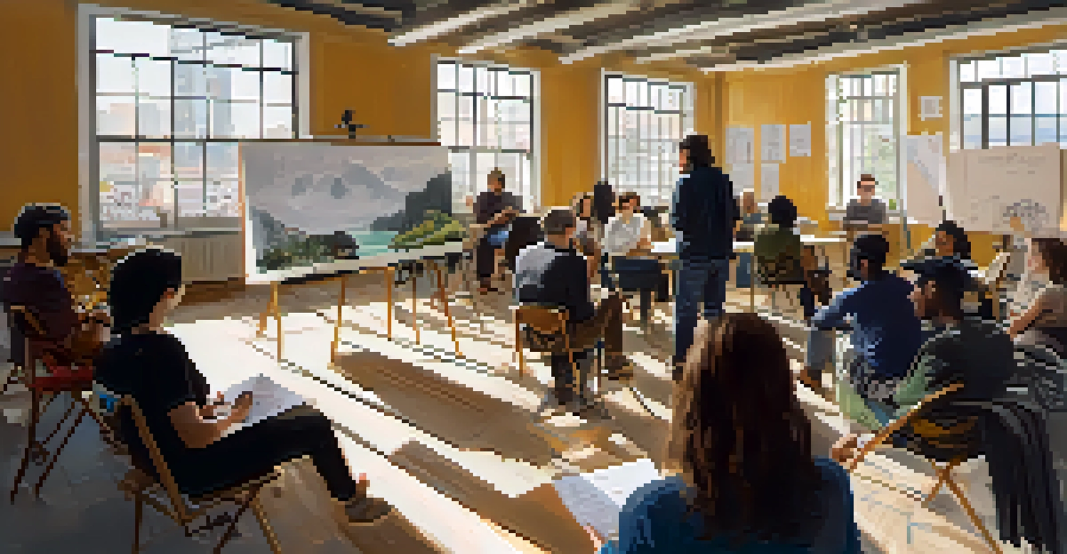 An intimate workshop at a film festival with aspiring filmmakers learning from a well-known instructor in a bright room filled with natural light.