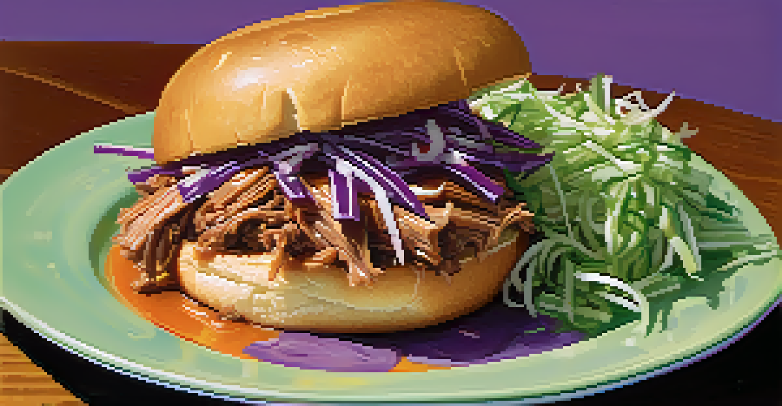 A close-up of a plate with smoked pulled pork, tangy slaw, and cornbread.