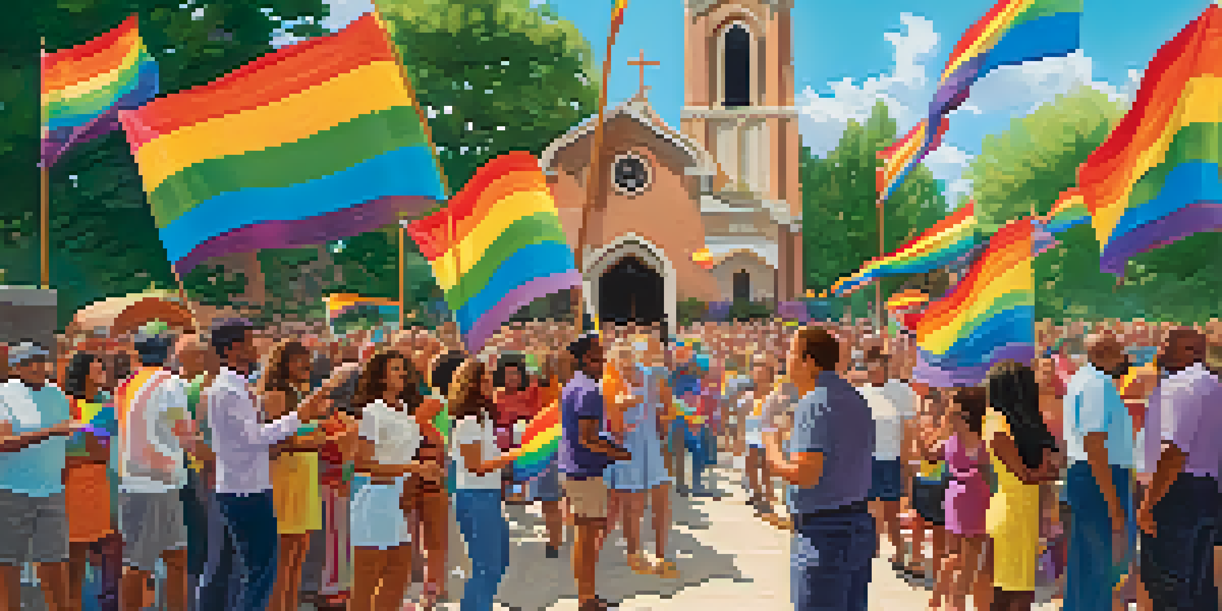 A diverse group of individuals celebrating LGBTQ+ pride outside a church, holding colorful flags and smiling in a sunny environment.