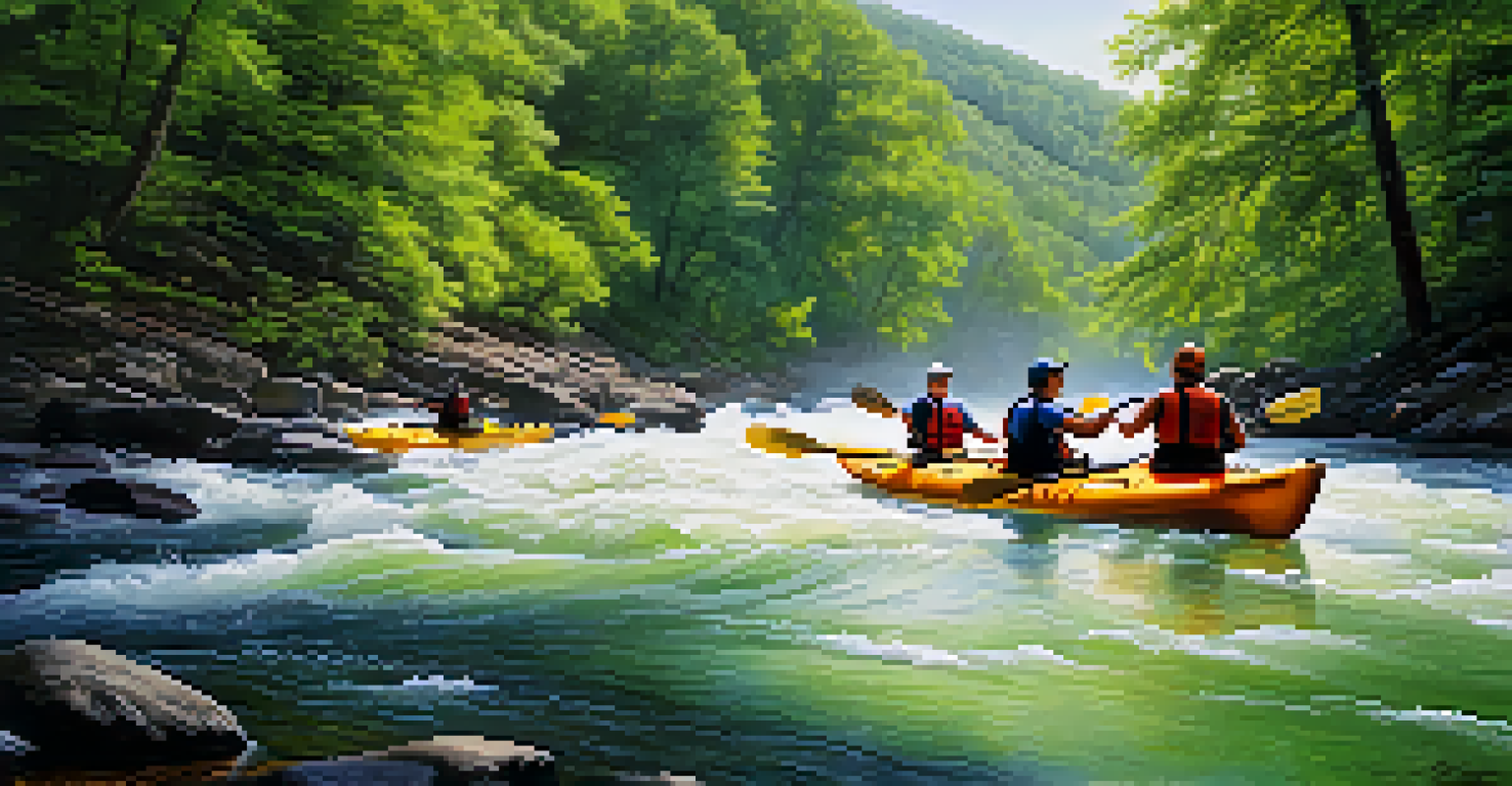 Kayakers navigating rapids on the Chattahoochee River surrounded by lush greenery.