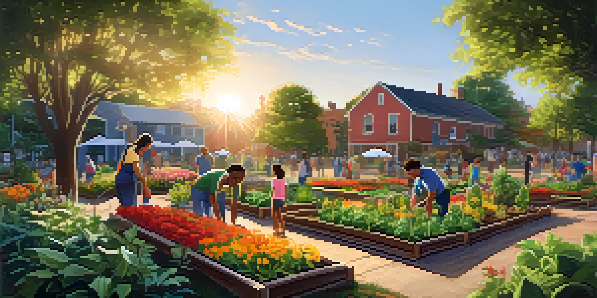 A diverse group of people planting vegetables in a community garden with colorful flowers and greenery under warm sunlight.