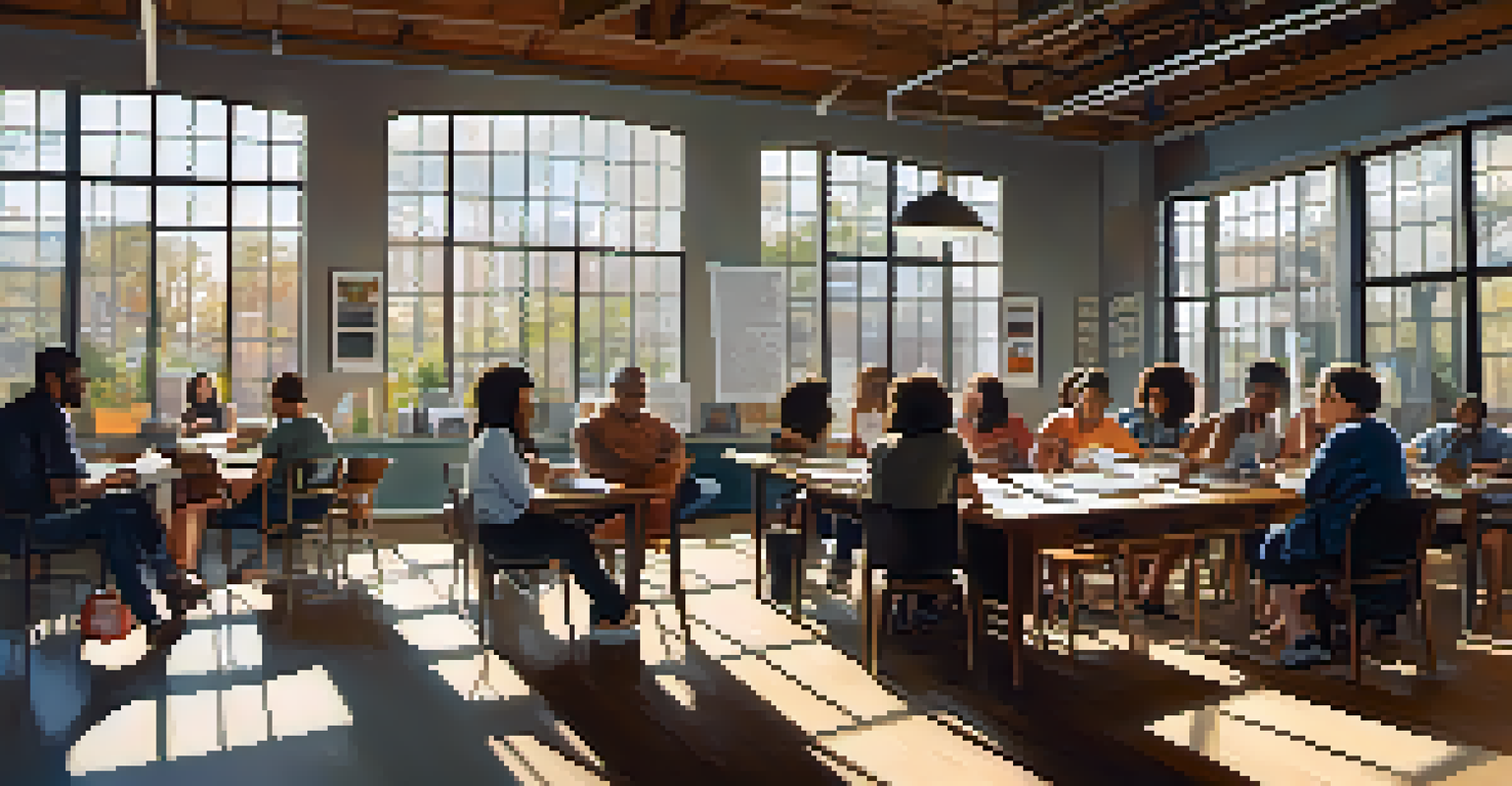 A community workshop in Atlanta with local publishers and aspiring writers collaborating at a large table filled with writing materials and natural light.