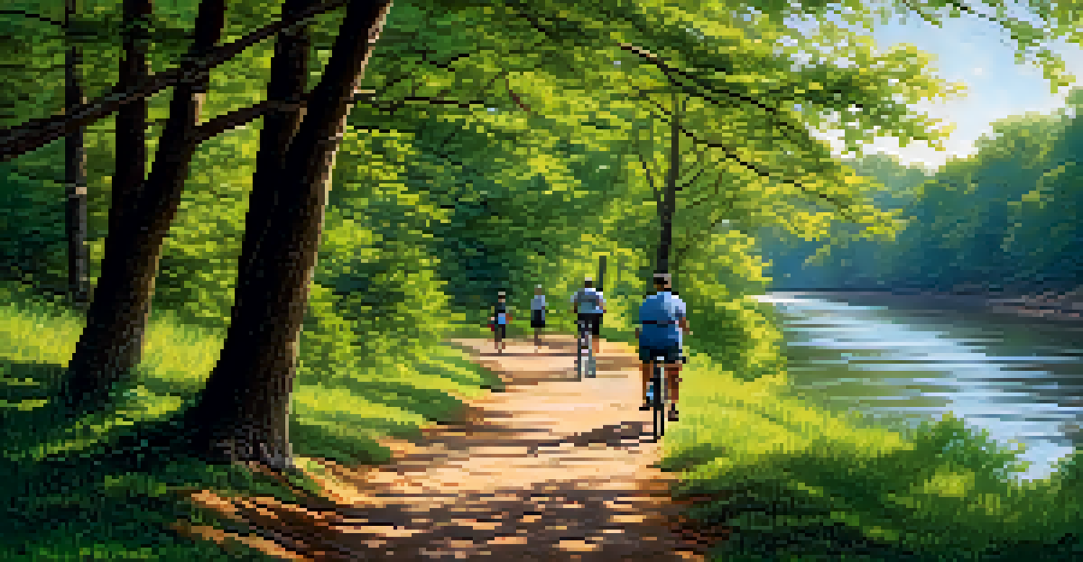 A beautiful trail by the Chattahoochee River with bikers and a family fishing, surrounded by green trees.