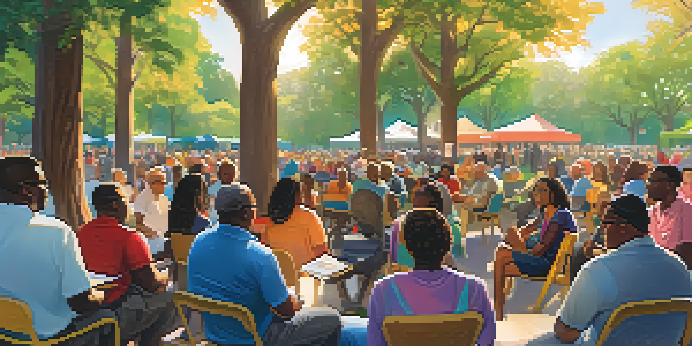 A diverse group of people participating in a town hall meeting in a sunny park, engaged in discussions with colorful banners around them.