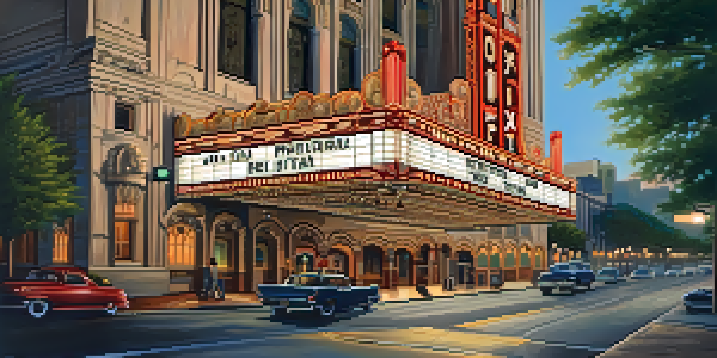 A beautifully lit Fox Theatre with intricate architecture surrounded by greenery and a twilight sky.