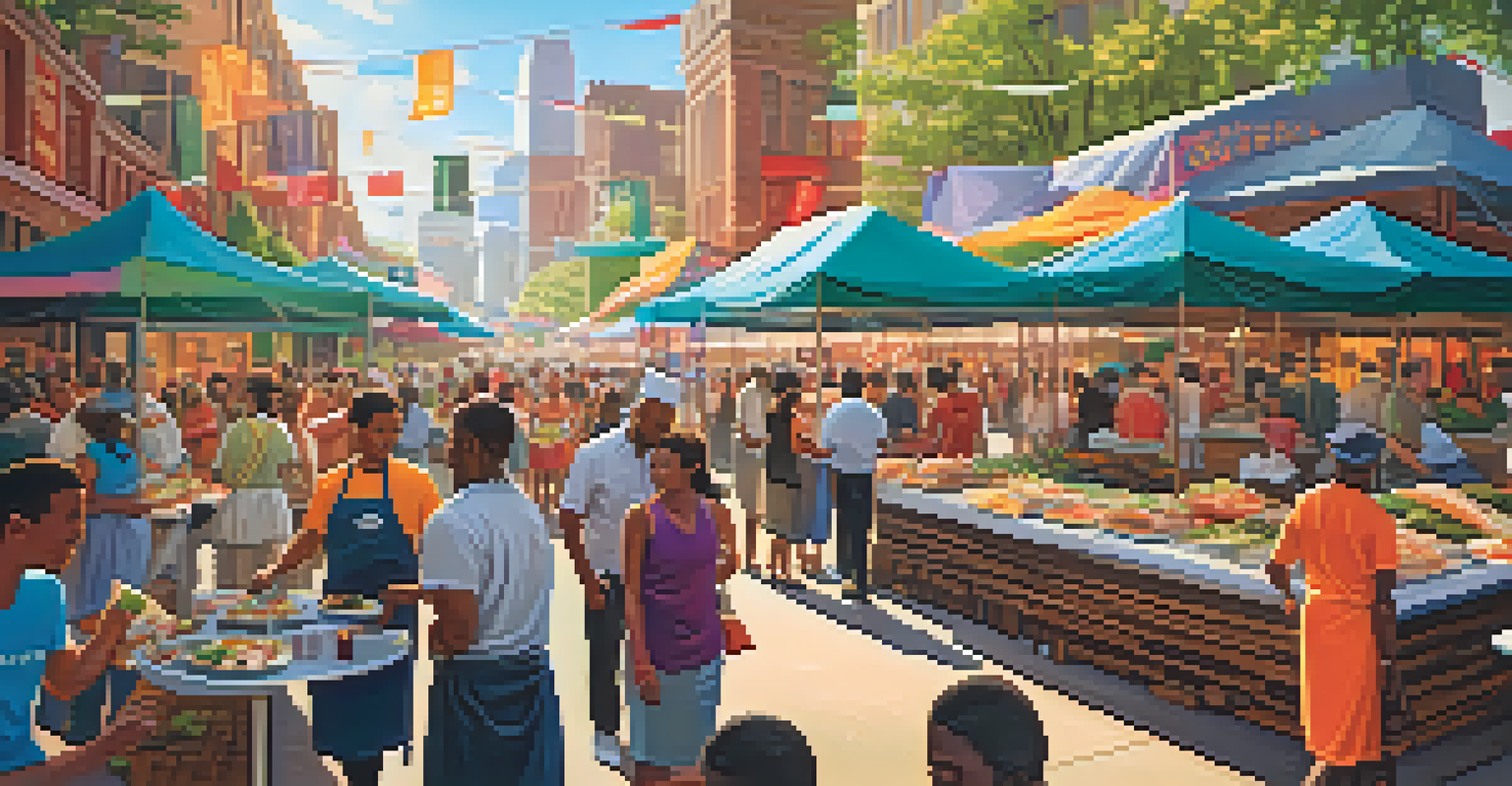 A lively Atlanta food festival with chefs at food stalls, colorful banners, and guests enjoying various fusion dishes under bright sunlight.