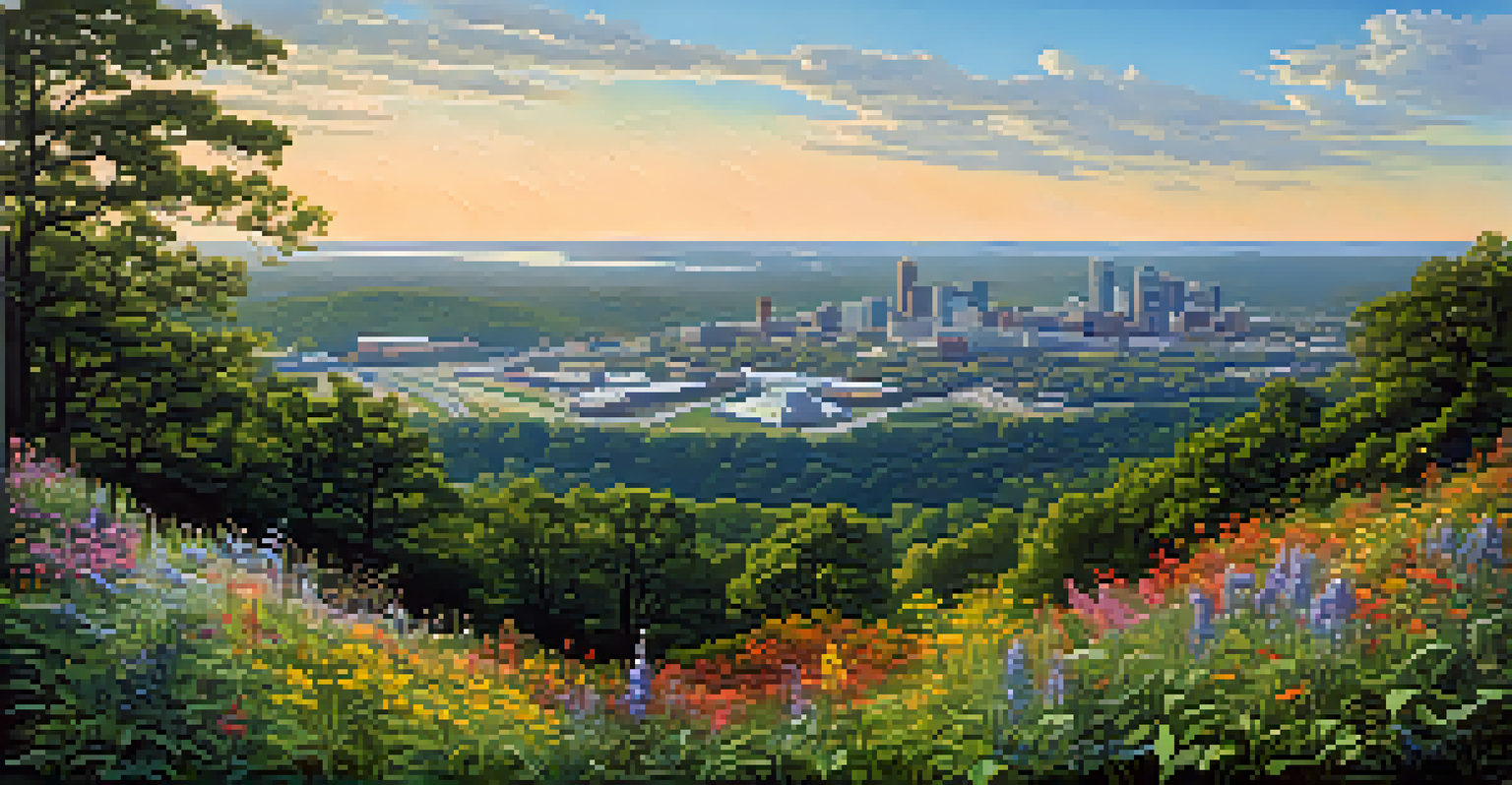 A breathtaking view from Kennesaw Mountain displaying a hiking trail with wildflowers, rolling hills, and the Atlanta skyline in the distance under a clear blue sky.