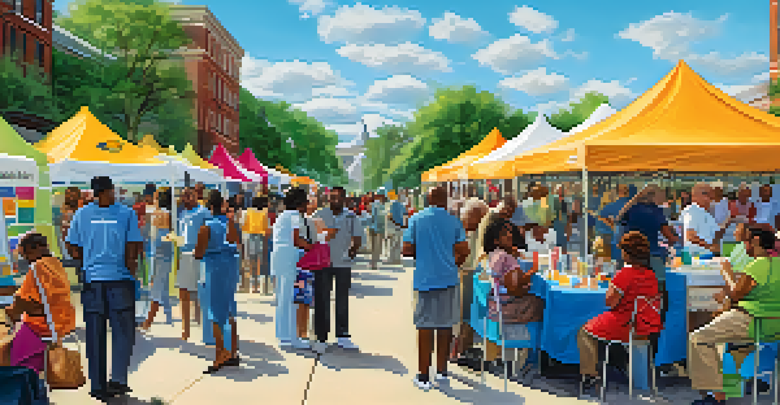 A community health event with healthcare professionals offering free screenings to a diverse group of people, under a sunny sky.