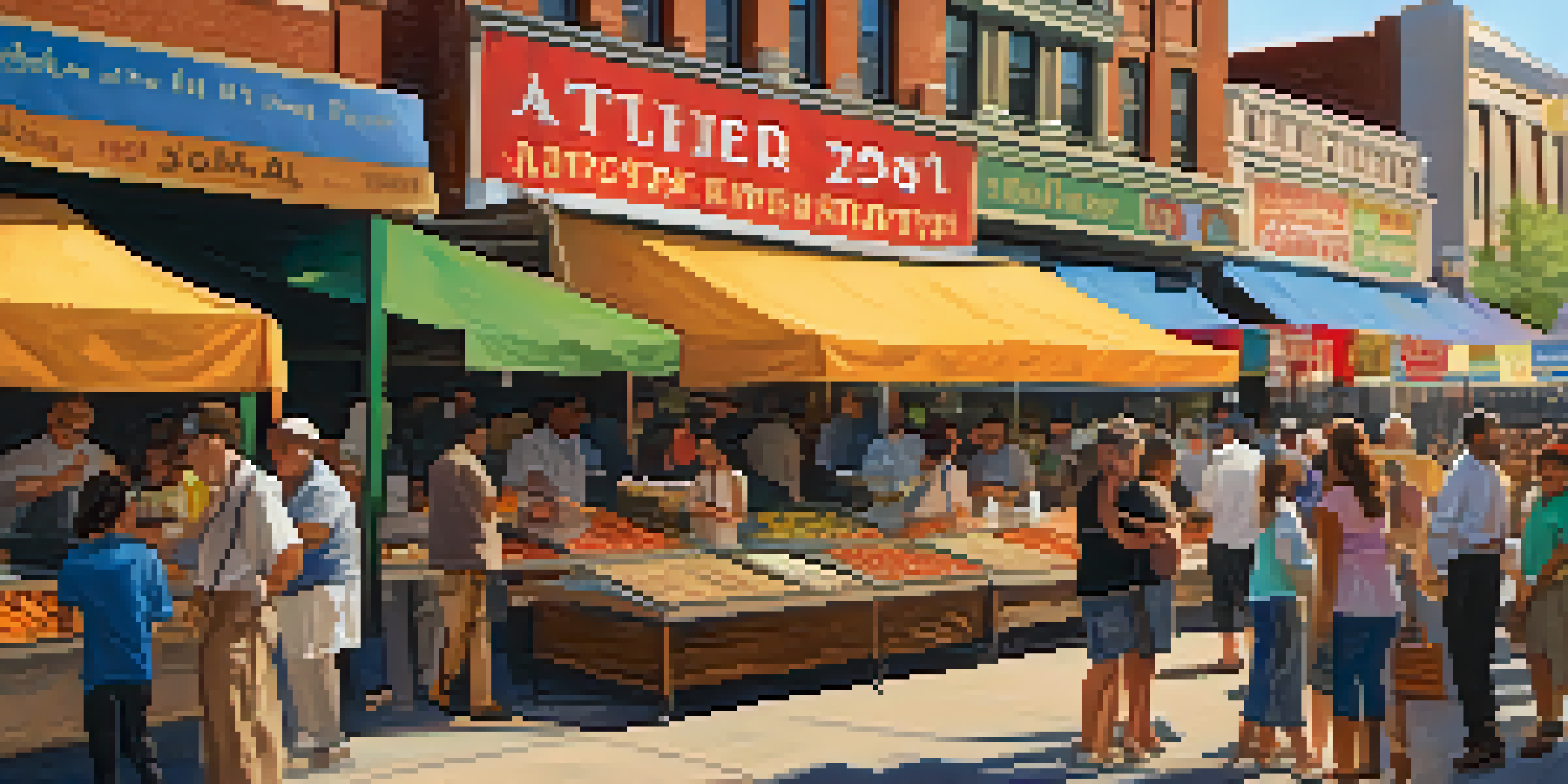 A busy street market in Atlanta filled with people of different backgrounds enjoying food stalls, with bright banners and the city's architecture in the background.