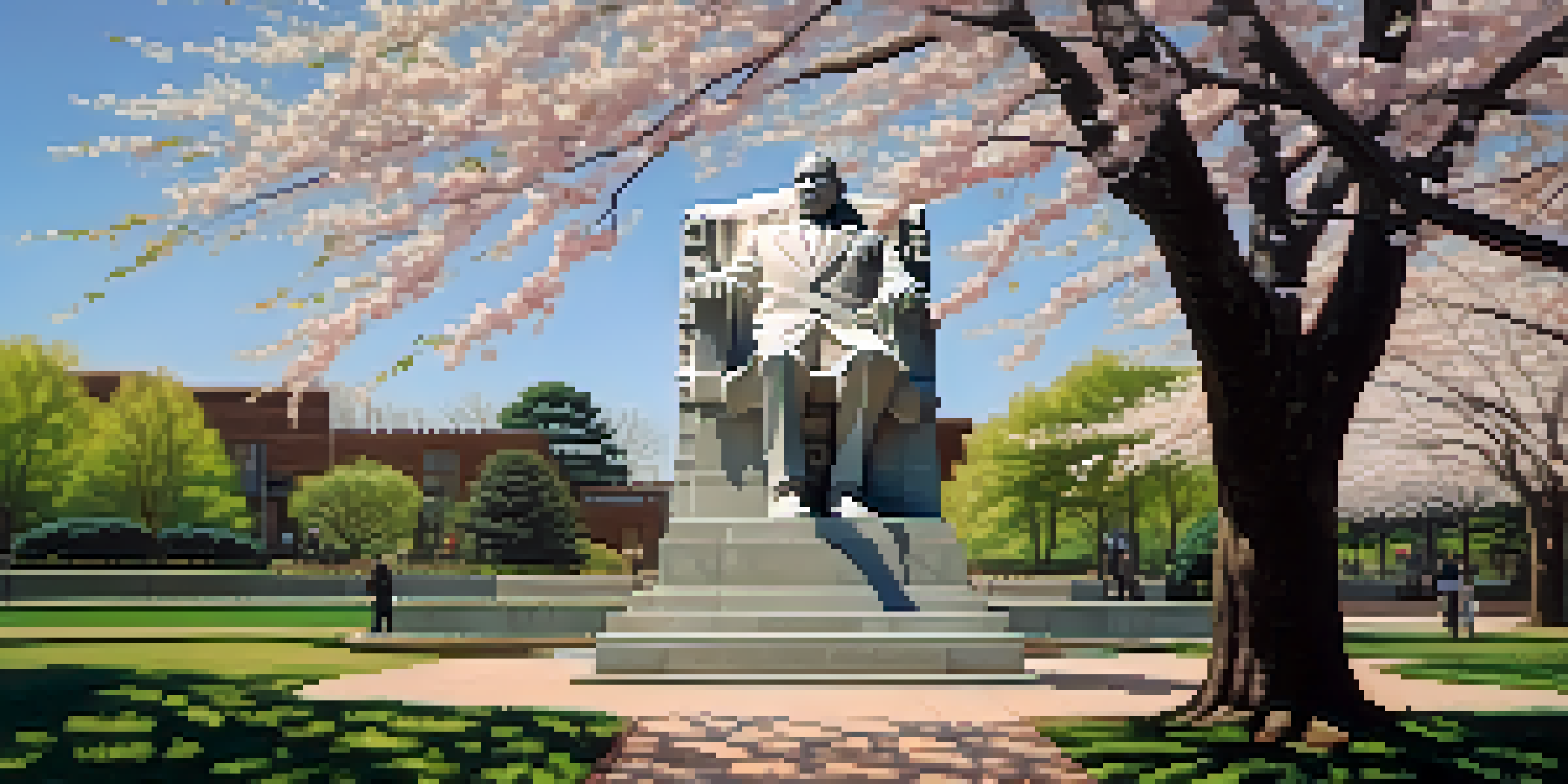 A statue of Martin Luther King Jr. in a park surrounded by cherry blossoms and visitors reflecting on its significance.