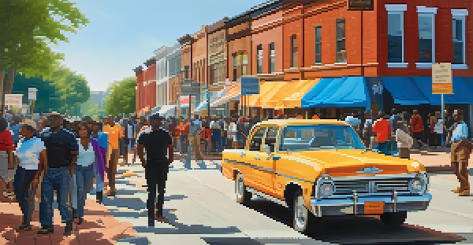 A diverse group of people peacefully protesting on Auburn Avenue in Atlanta, with colorful banners and historic buildings in the background.