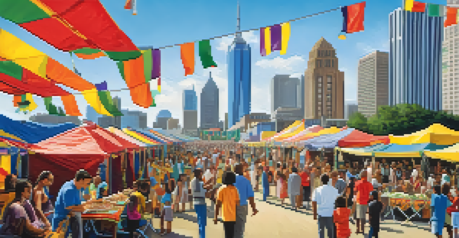 A bustling outdoor festival in Atlanta, with various cultural booths, people enjoying different foods, and vibrant decorations against the skyline.