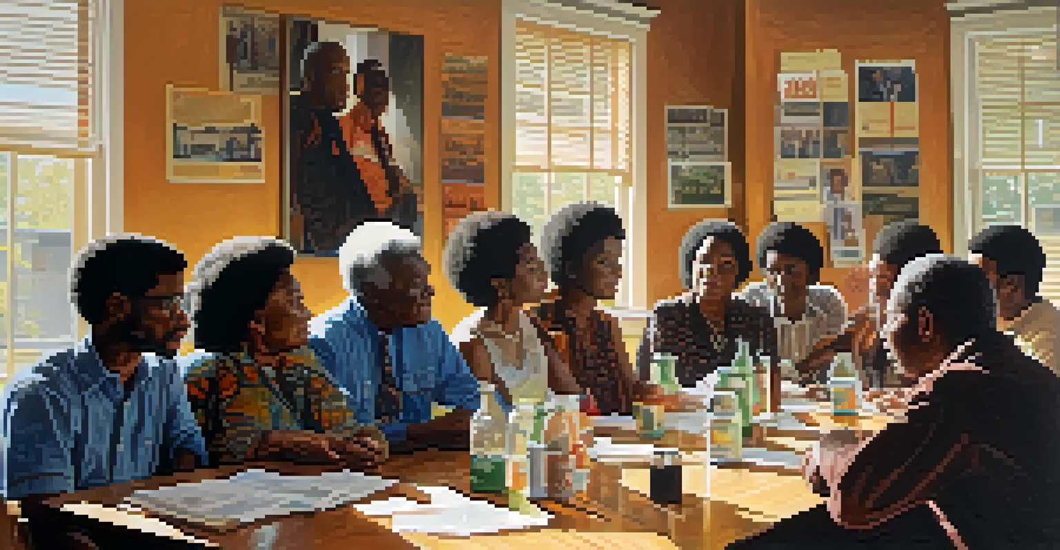 A community meeting in 1970s Atlanta, showing diverse residents discussing local issues around a table, with sunlight illuminating their faces.