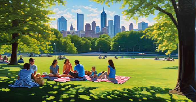 A vibrant picnic in Piedmont Park with a city skyline backdrop, families enjoying the sunny day.