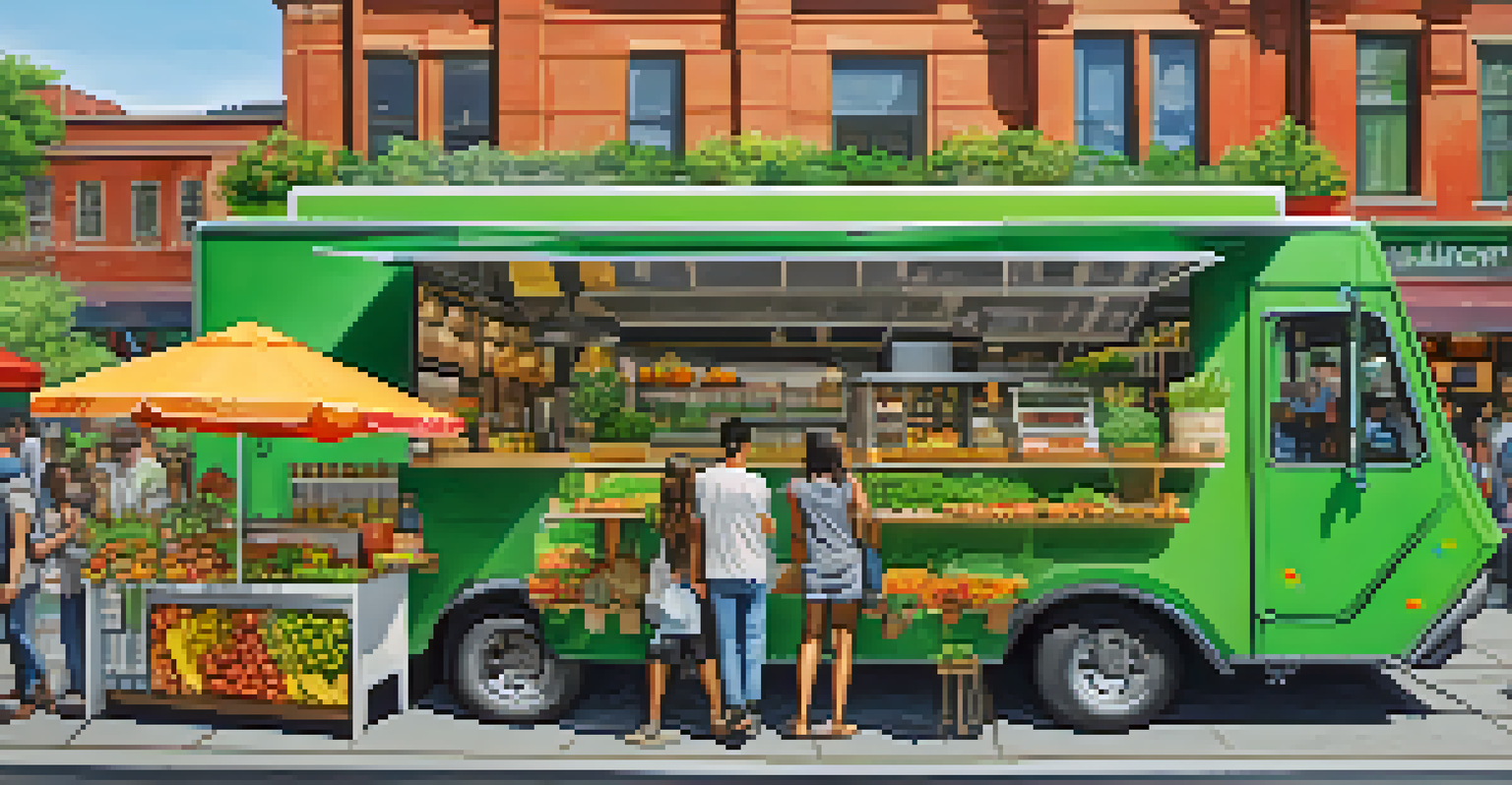 An eco-friendly food truck with solar panels at a market, surrounded by vibrant stalls and customers interacting with the staff.