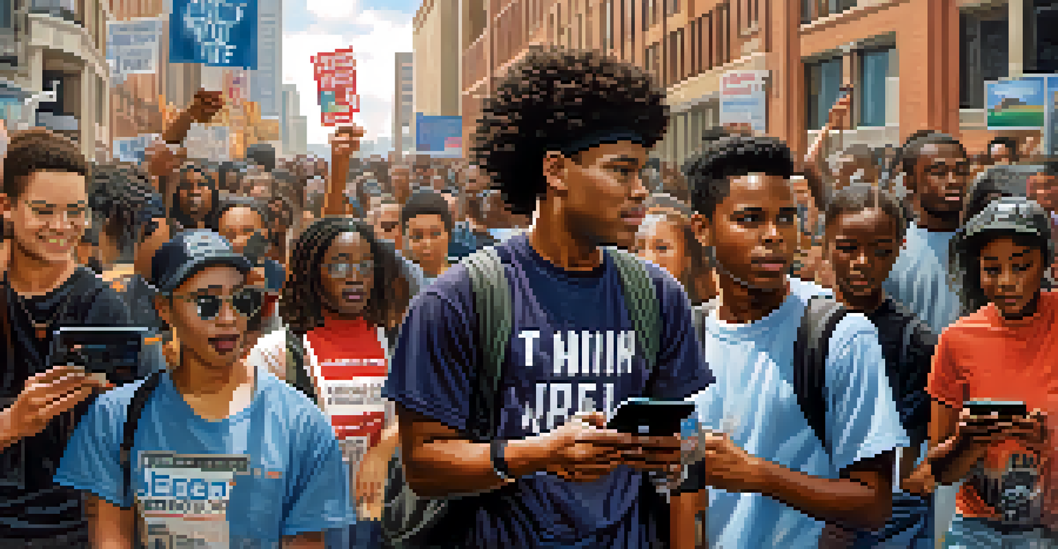 Young activists in Atlanta using smartphones and tablets during a protest, surrounded by banners advocating for social justice in an urban setting.