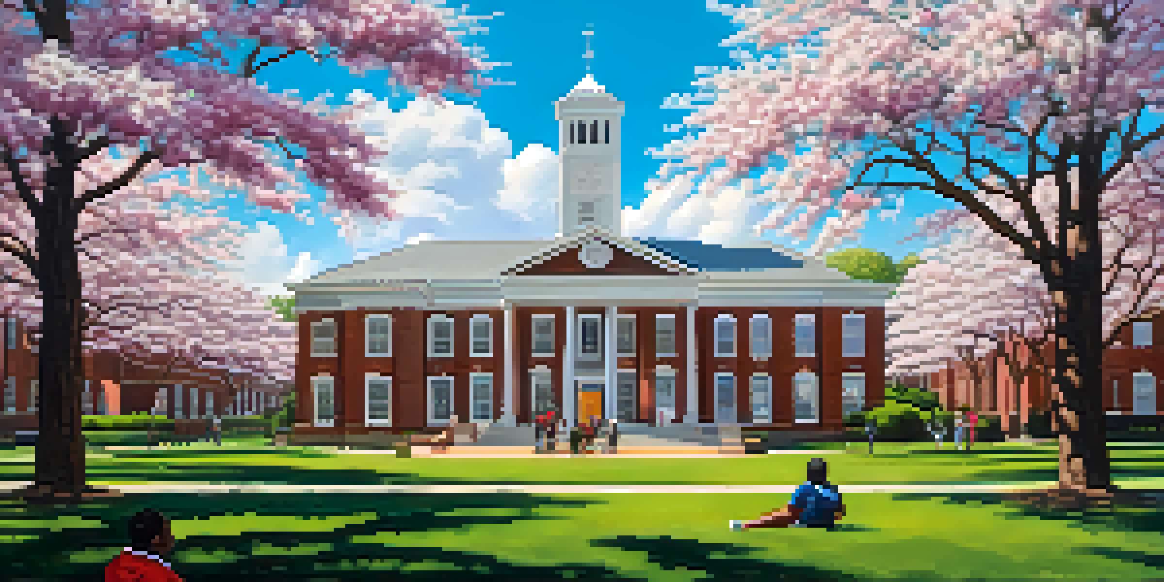 A colorful view of Morehouse College with students walking and talking among blooming magnolia trees under a clear blue sky.