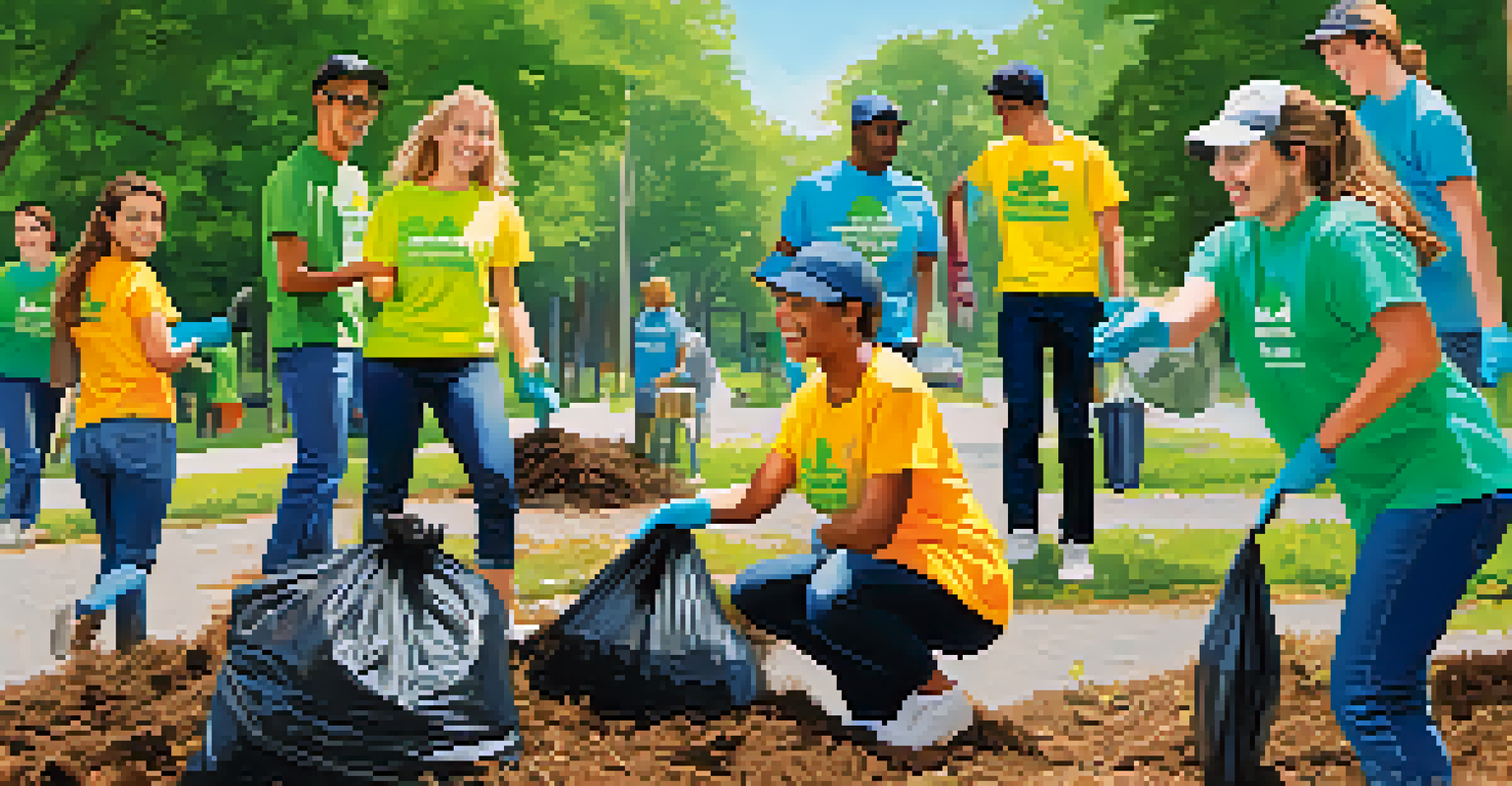 Young volunteers in bright t-shirts cleaning up a park in Atlanta, showcasing teamwork and environmental responsibility.