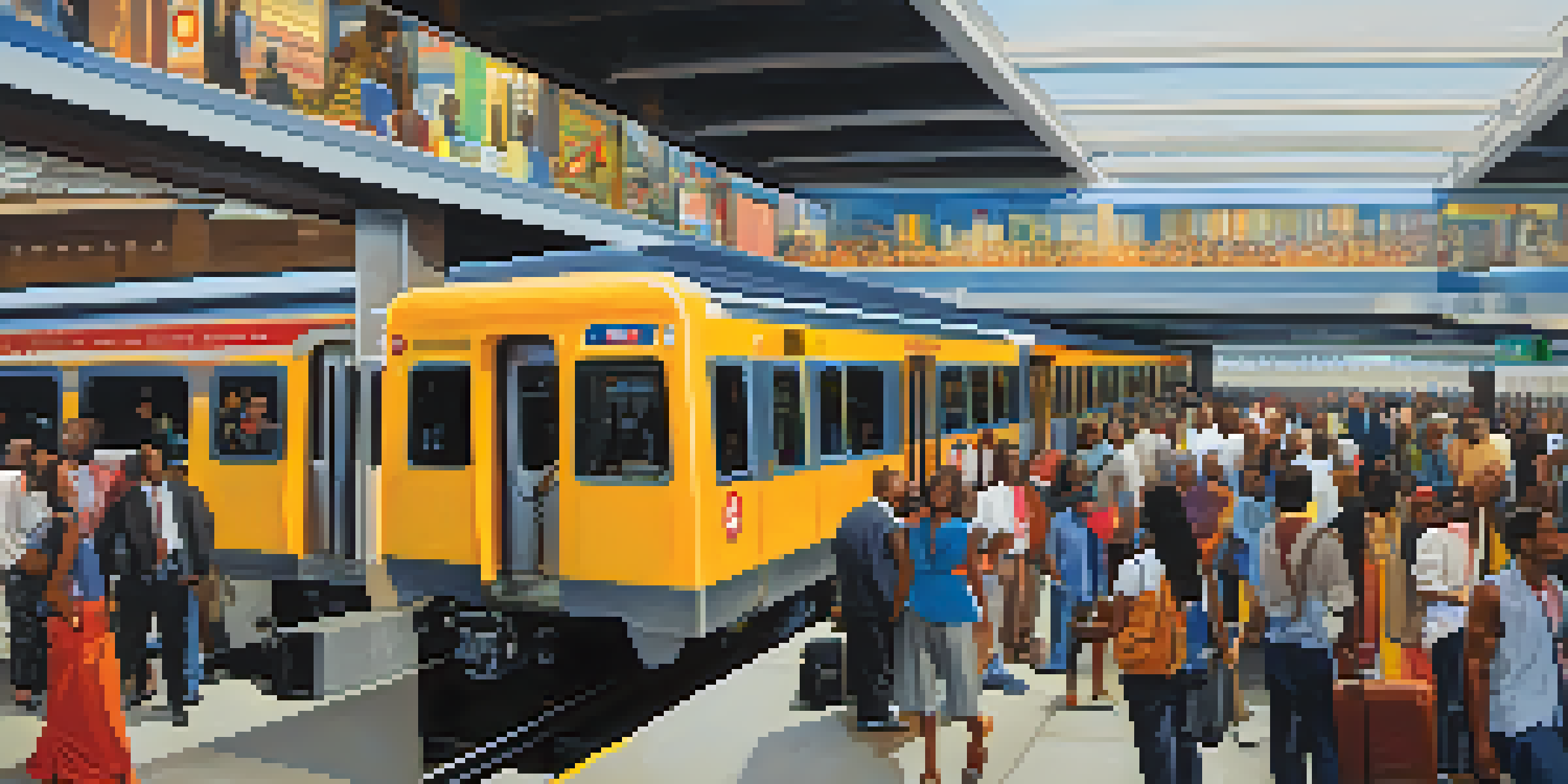 A busy MARTA train station in Atlanta with commuters of different backgrounds waiting for the train, colorful ads on walls, and a train pulling in.