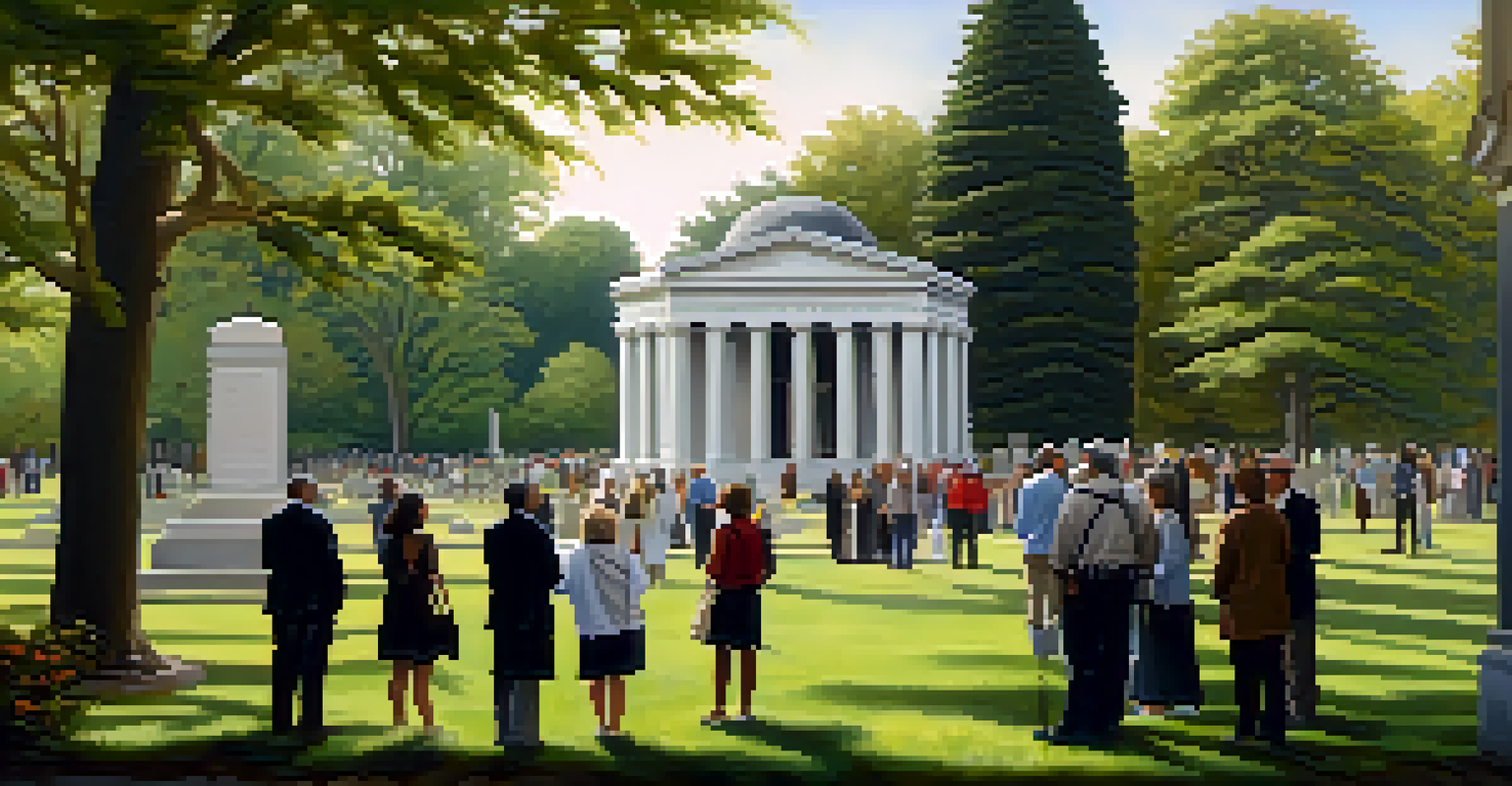 A guided tour group at a cemetery, with a guide speaking and historical mausoleums in the background.
