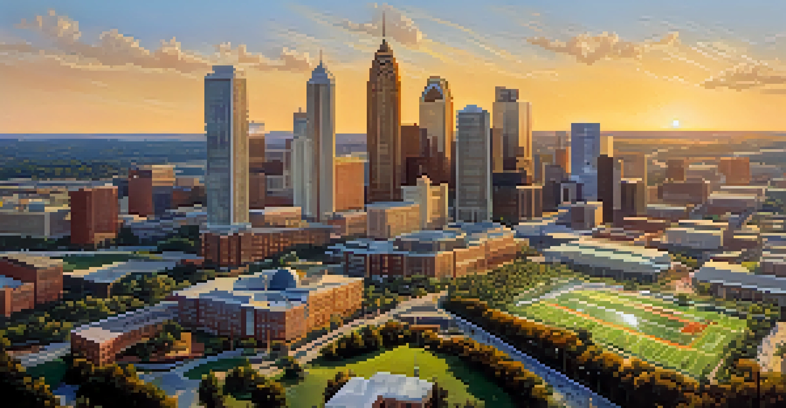 Aerial view of Atlanta's skyline showing modern buildings and parks after the 1996 Olympics, illuminated by sunset.