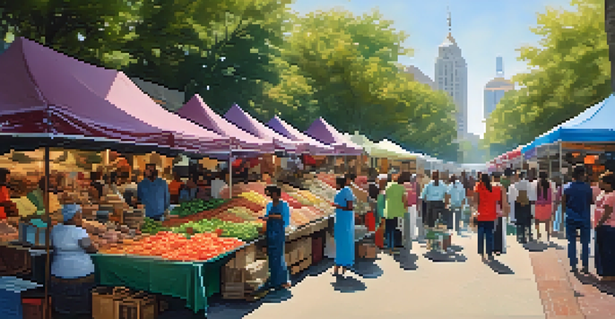 A vibrant street market in Atlanta with colorful stalls and diverse people enjoying the atmosphere.