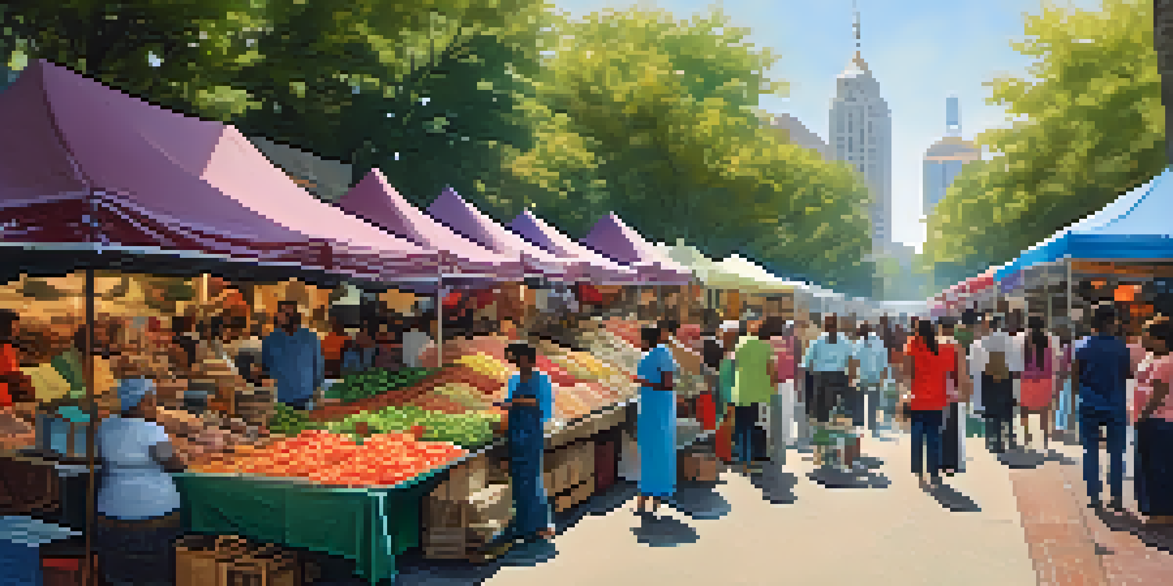 A vibrant street market in Atlanta with colorful stalls and diverse people enjoying the atmosphere.
