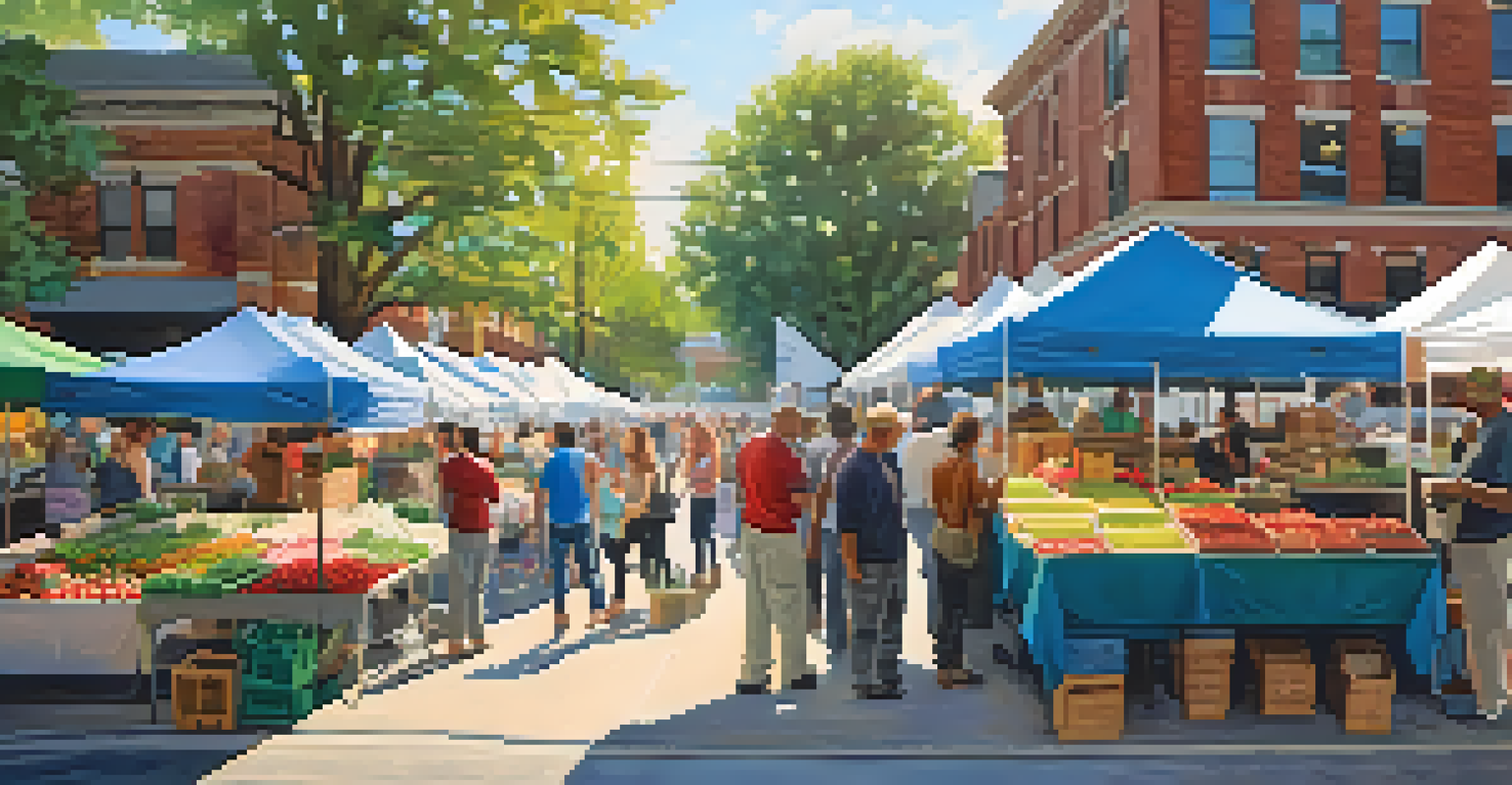 A busy farmers' market in Atlanta, featuring stalls with fresh produce and flowers, filled with shoppers in a warm, inviting setting.