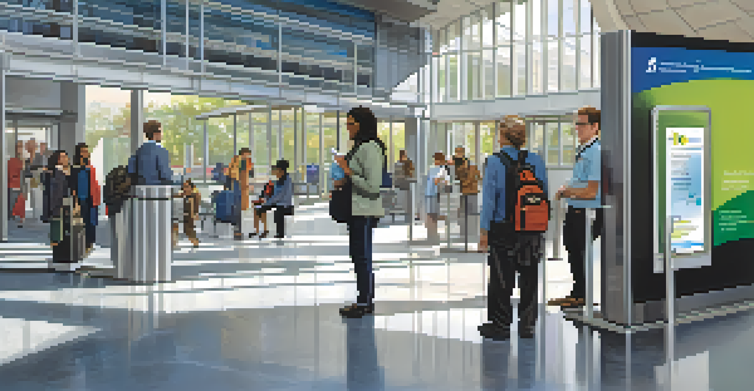 Inside a modern transit station in Atlanta, showing accessible features like signage and a staff member assisting a visually impaired person.