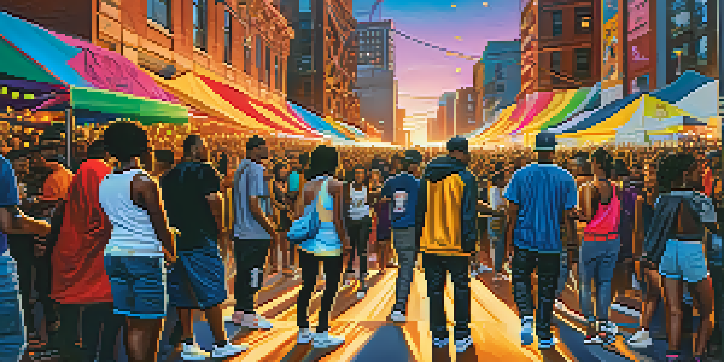 A lively street scene in Atlanta with a diverse crowd at a hip-hop festival, artists performing on stage, colorful banners, and graffiti art.