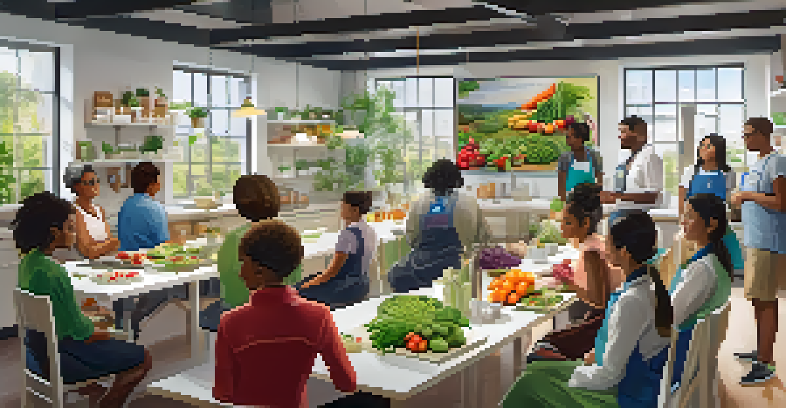 A nutrition workshop in a community kitchen with participants learning healthy cooking techniques from a presenter surrounded by fresh vegetables and fruits.