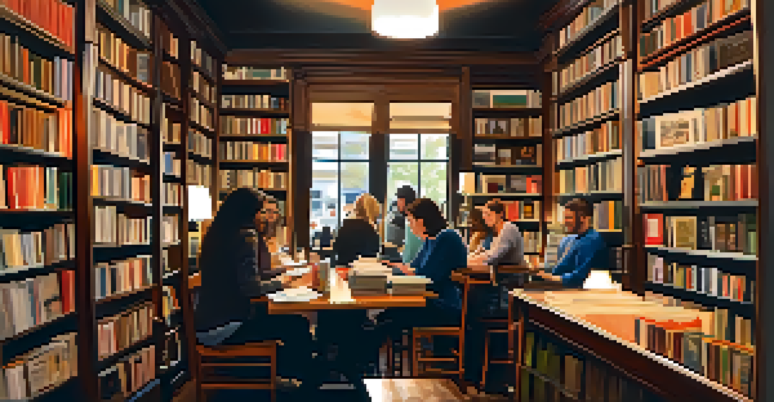 A cozy independent bookstore in Atlanta with emerging authors sharing their work around a table, surrounded by shelves of books and local art.