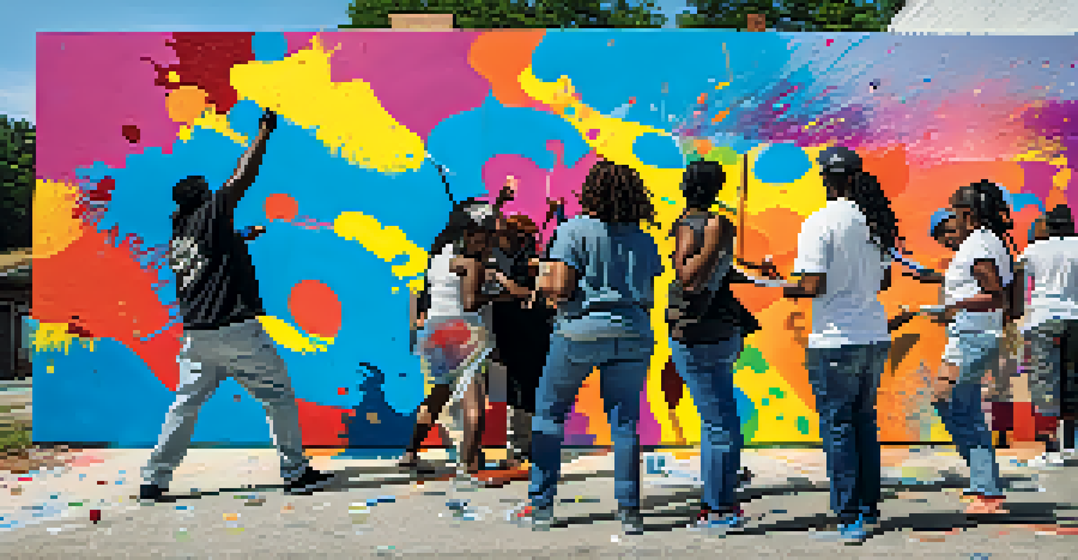 Local artists and community members working together on a large mural in East Atlanta, showcasing vibrant colors and the excitement of collaboration.