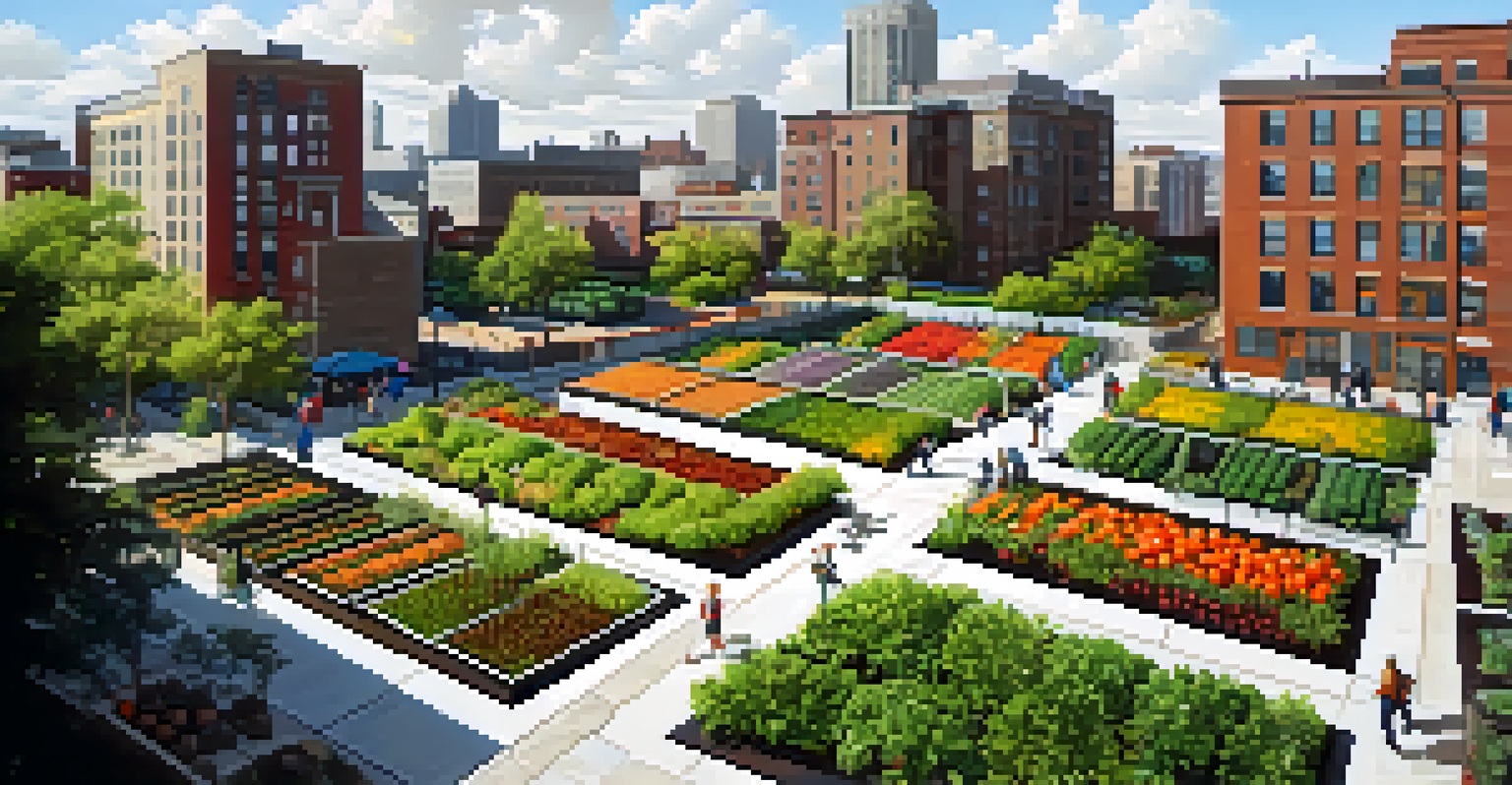 An aerial view of a community garden surrounded by urban buildings, showcasing raised beds filled with fresh produce.