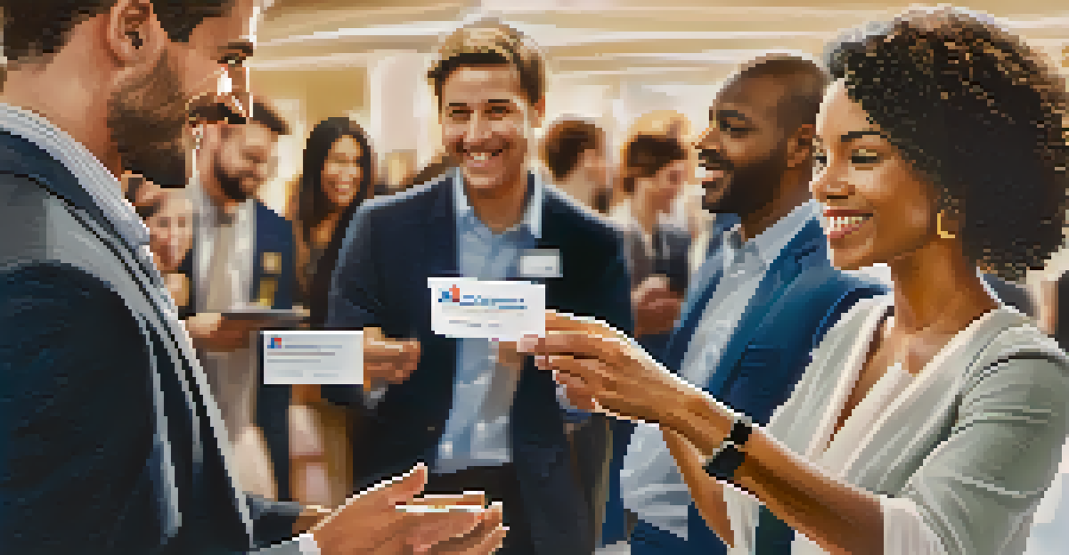 A close-up of two entrepreneurs exchanging business cards at a networking event, with other participants blurred in the background.