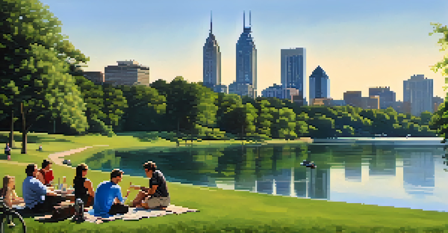 A tranquil view of Piedmont Park with a lake and the Atlanta skyline, capturing a relaxed outdoor atmosphere.