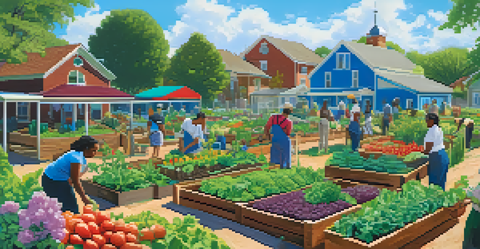 A community garden in Atlanta with people gardening among colorful vegetables and flowers under a blue sky.