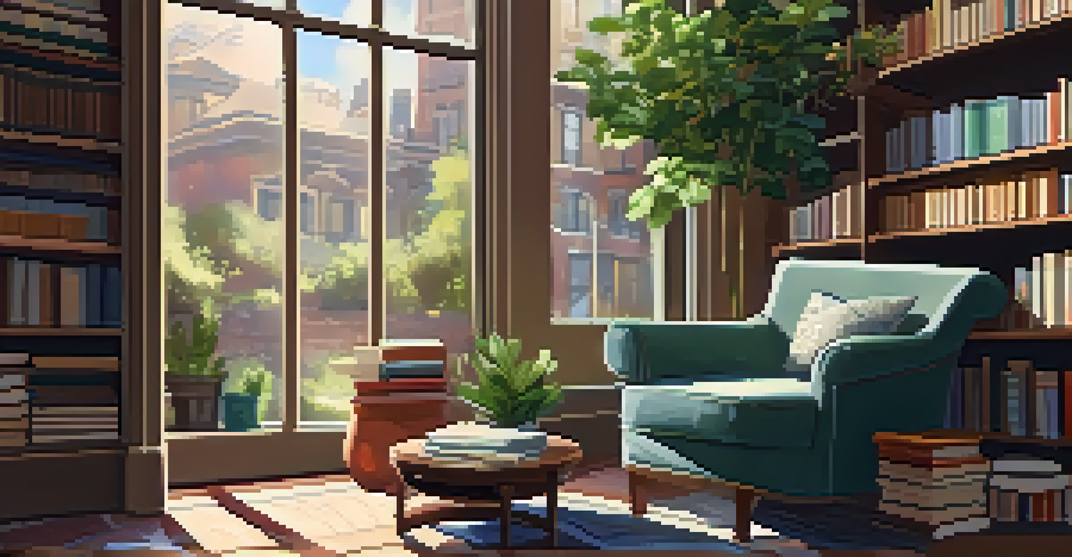 A warm and inviting reading nook in an Atlanta bookstore, featuring shelves of books, a cozy armchair, a table with a steaming cup of coffee, and a plant.