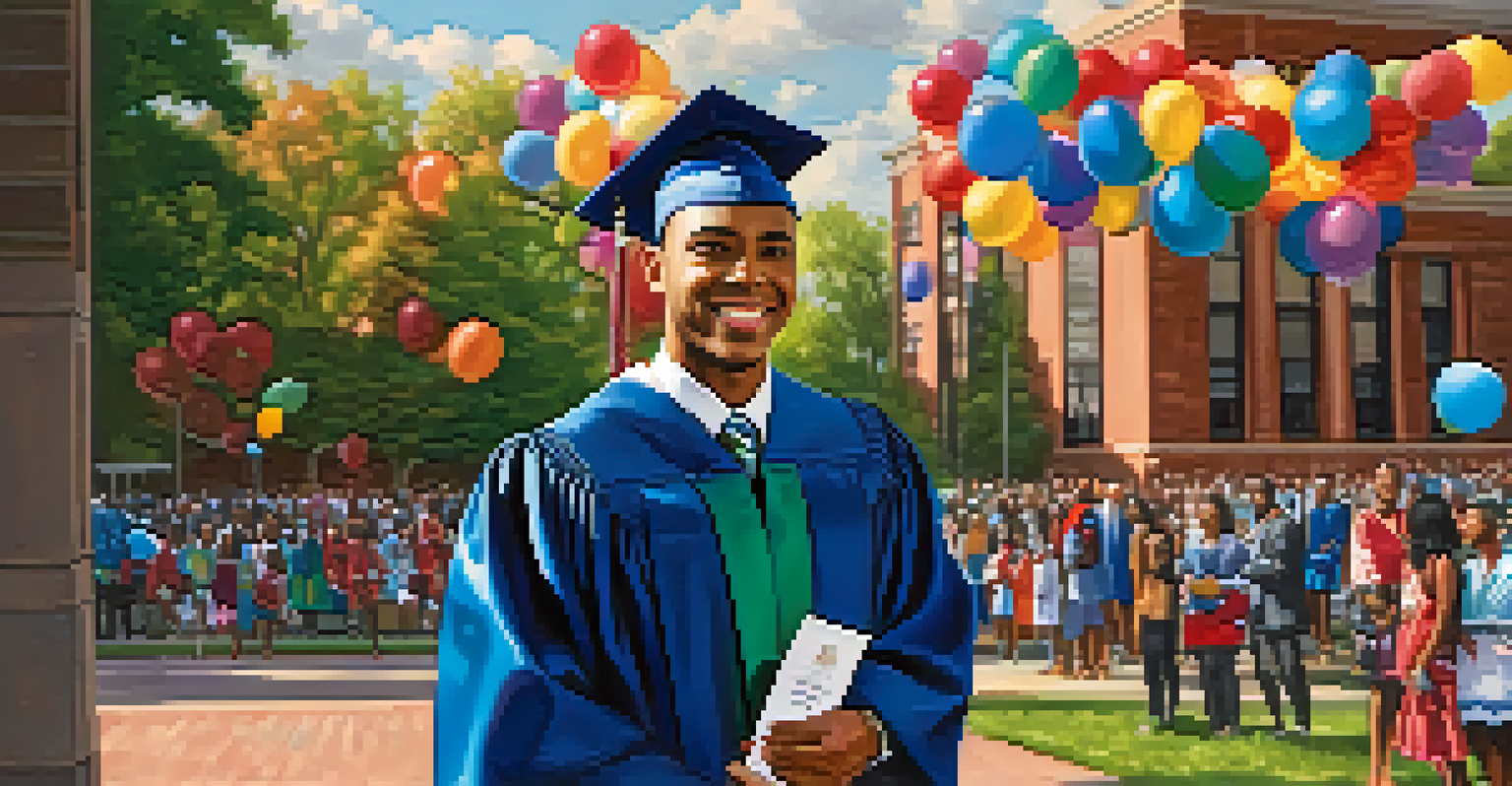 A proud Morehouse College graduate in cap and gown holding a diploma, with campus buildings and celebration decorations in the background.