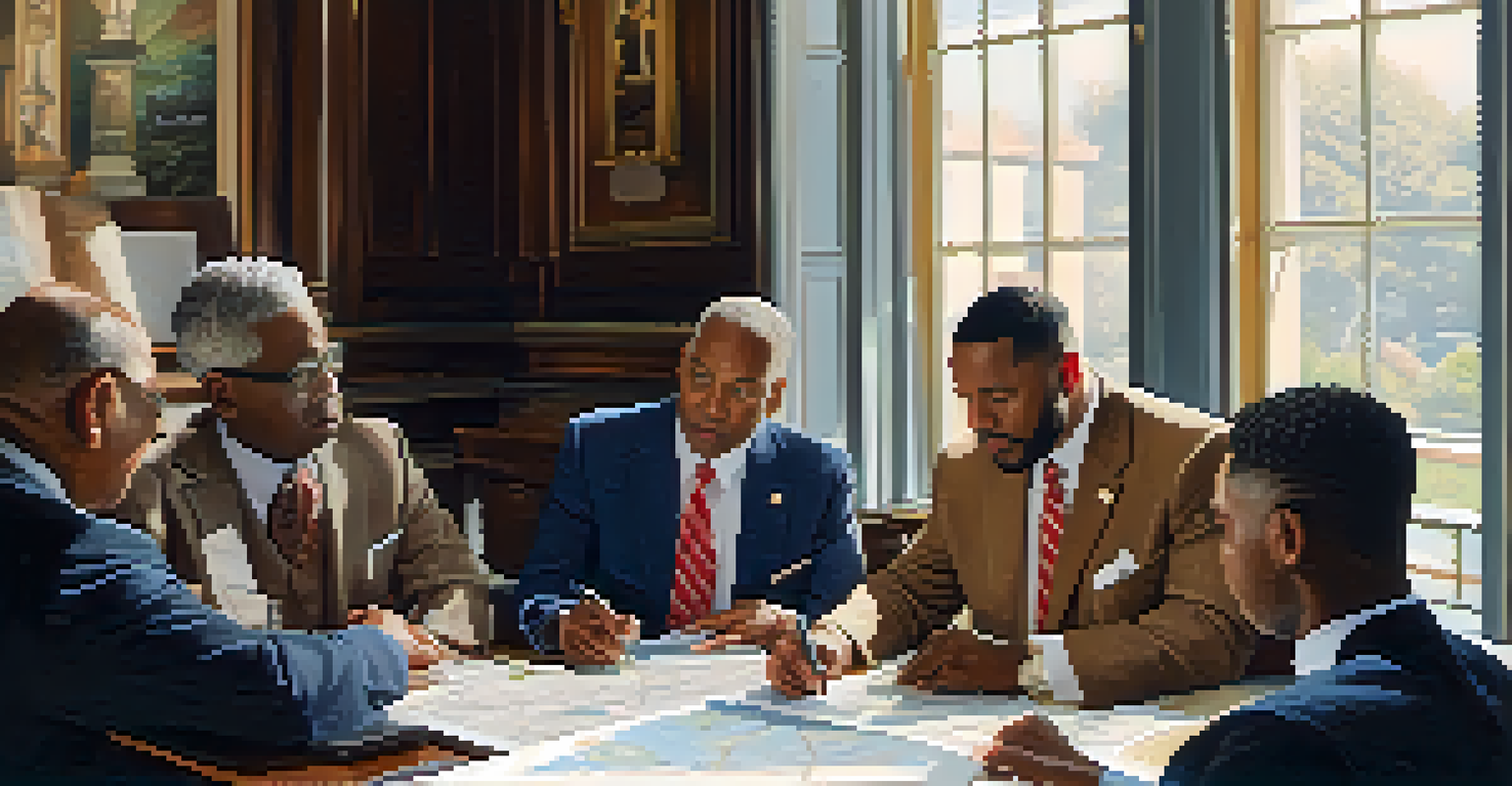 Local leaders in Atlanta discussing resilience plans over a table filled with maps and documents, illuminated by natural light.