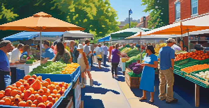 A lively farmers market in Atlanta with colorful fresh produce and local shoppers interacting with farmers.