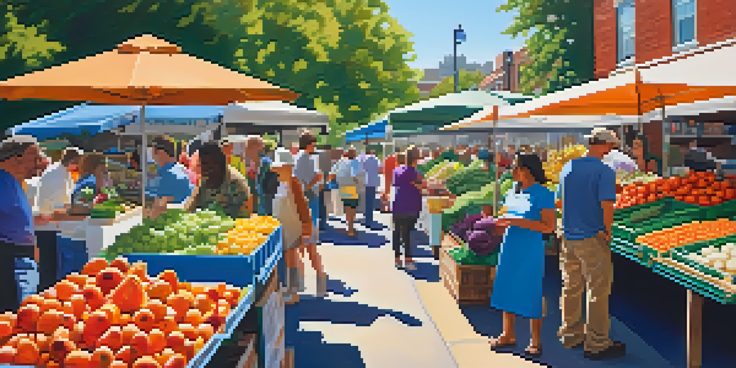 A lively farmers market in Atlanta with colorful fresh produce and local shoppers interacting with farmers.
