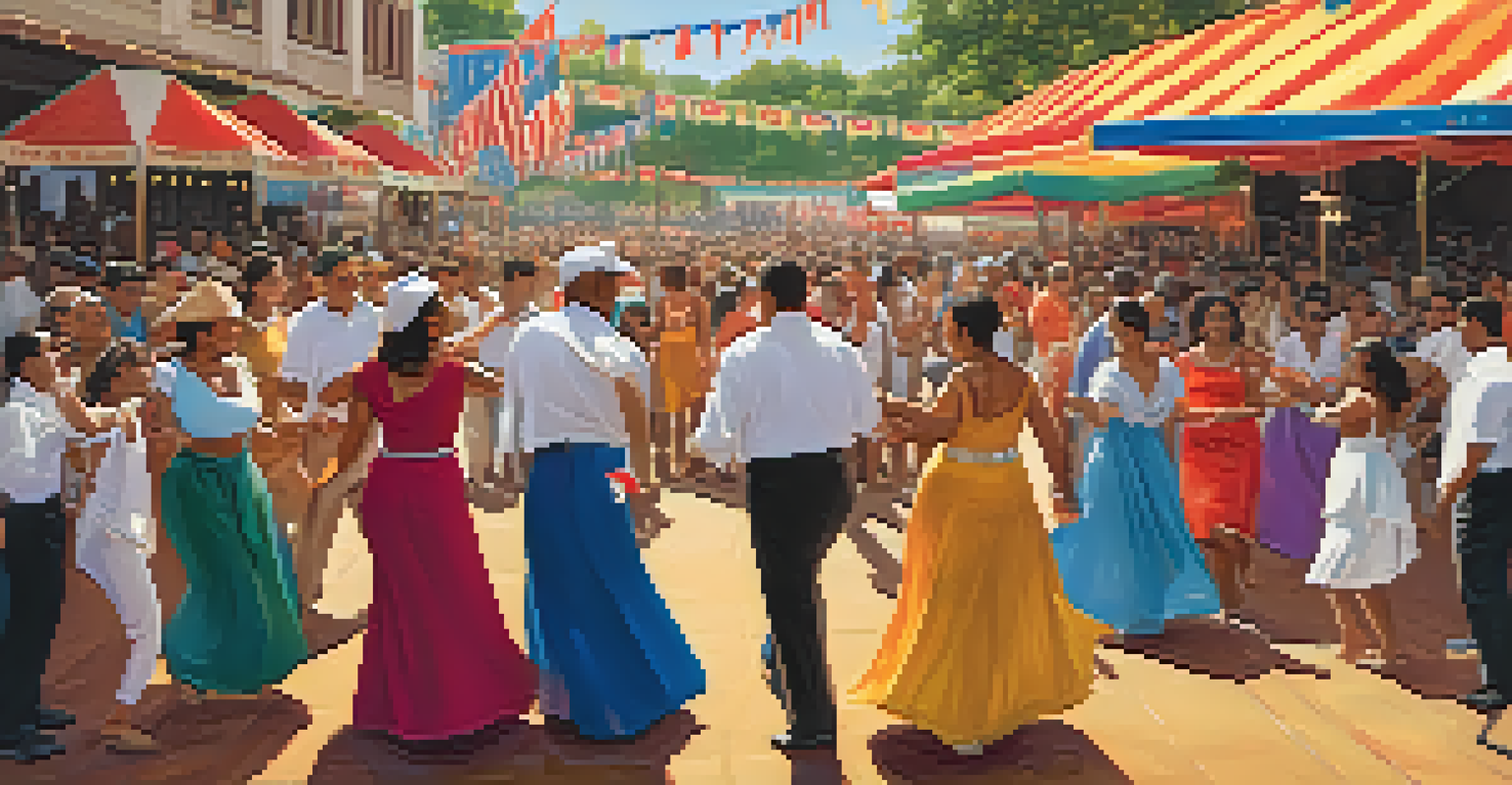 A vibrant scene from the Atlanta Puerto Rican Festival with people dancing, traditional attire, and colorful decorations.