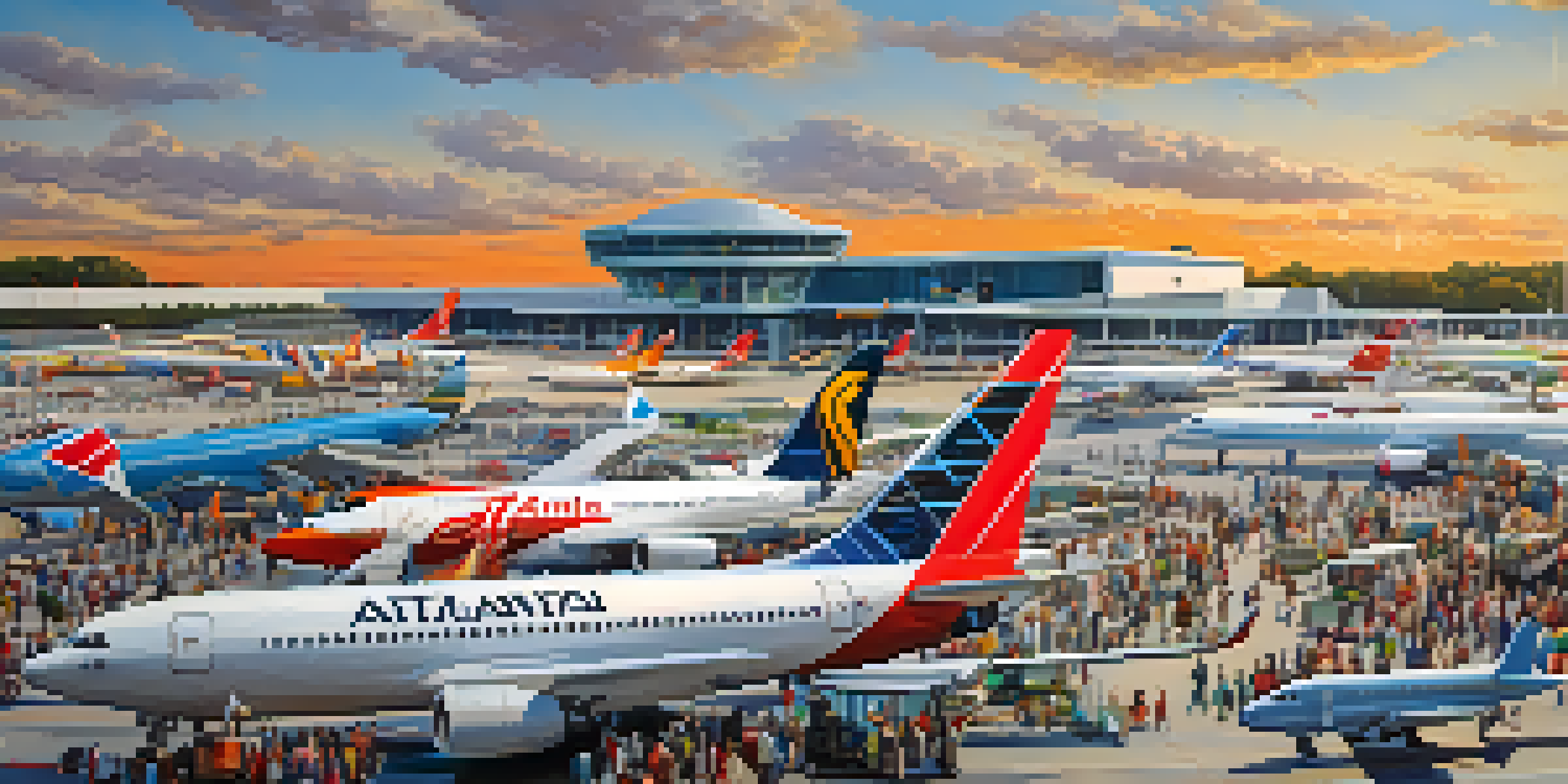A busy airport scene in Atlanta with diverse travelers and international flags, showcasing airplanes and the city skyline.