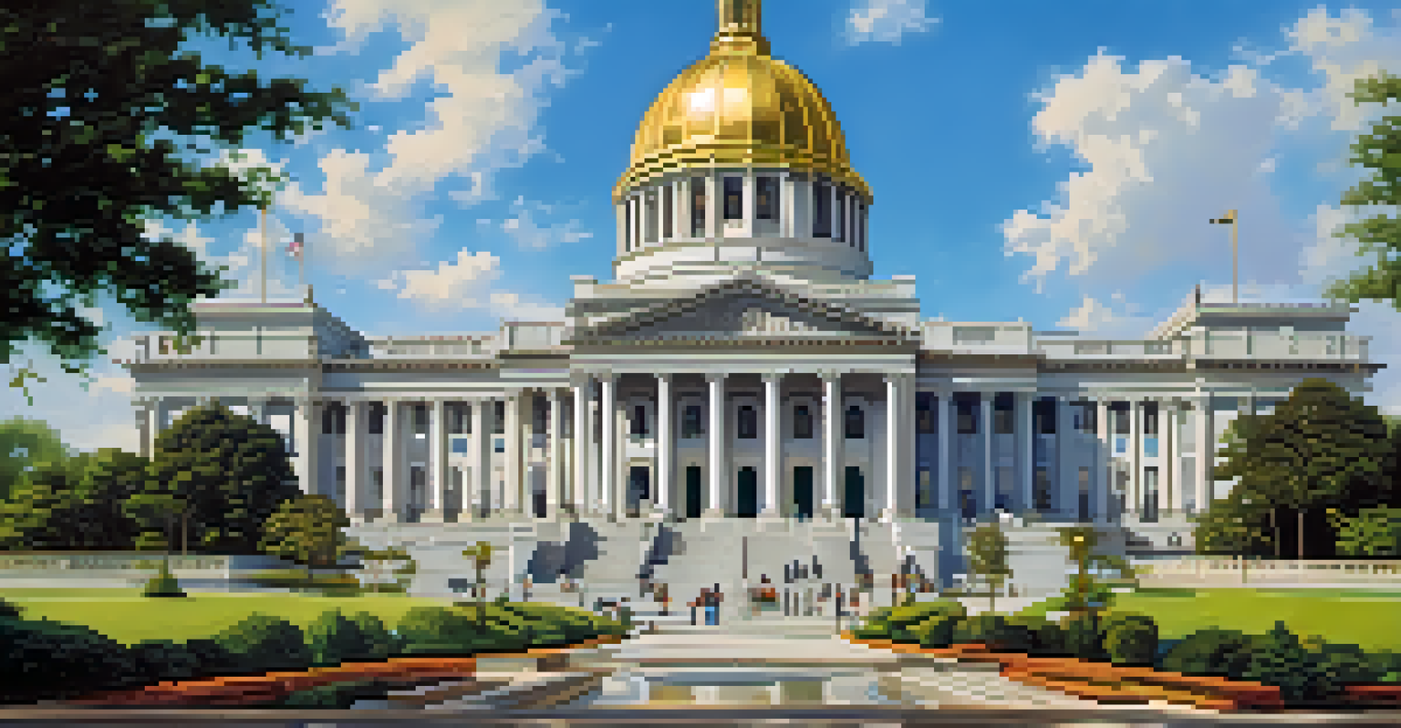 The Georgia State Capitol building with its gold dome and architectural details, surrounded by green gardens and visitors.