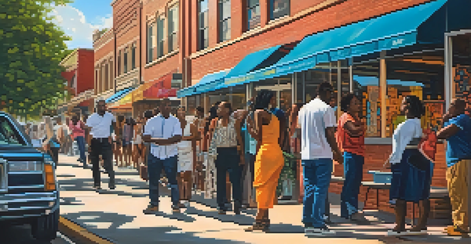 A lively street in Atlanta with diverse people talking, surrounded by colorful murals with multilingual phrases.