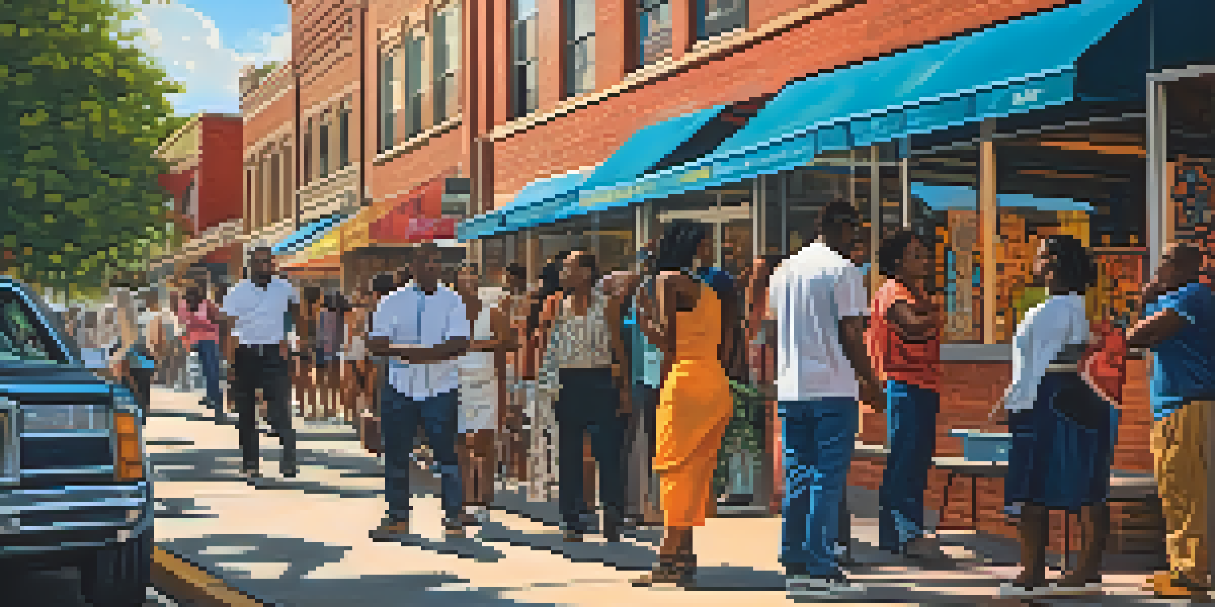 A lively street in Atlanta with diverse people talking, surrounded by colorful murals with multilingual phrases.