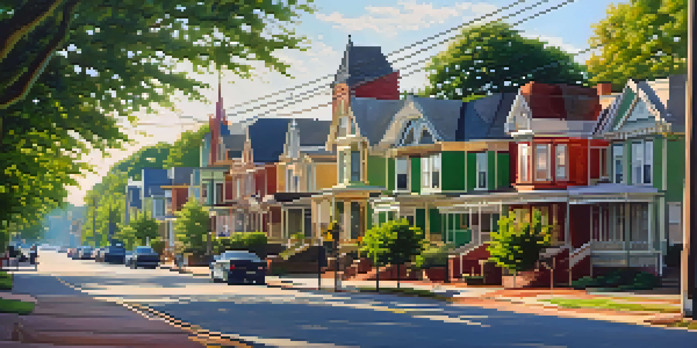 A sunny street in West End, Atlanta, showcasing Victorian homes and people walking together.